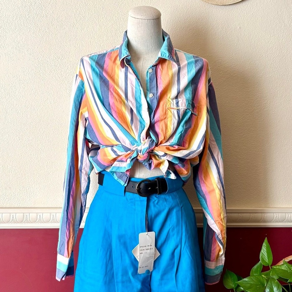 GapBody Poplin Top Multi Stripe Button Down Shirt S Relaxed Boyfriend Fit Casual - Picture 2 of 9